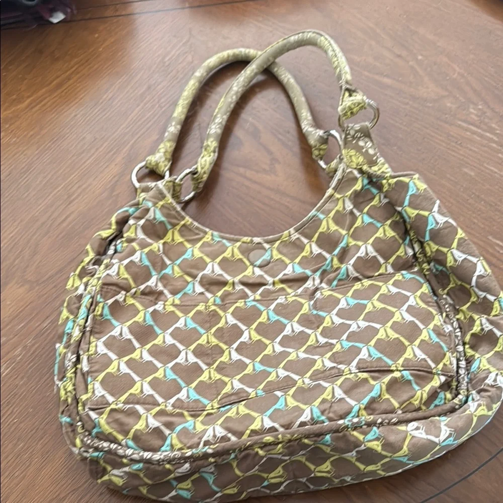Vera Bradley BlueBird Brown and Green Quilted Crescent Hobo Tote Shoulder Bag